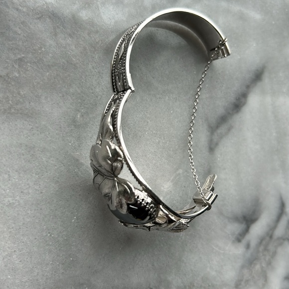 Whiting and Davis vintage silver plated hinged bracelet hematite cabochon stone - Picture 13 of 15